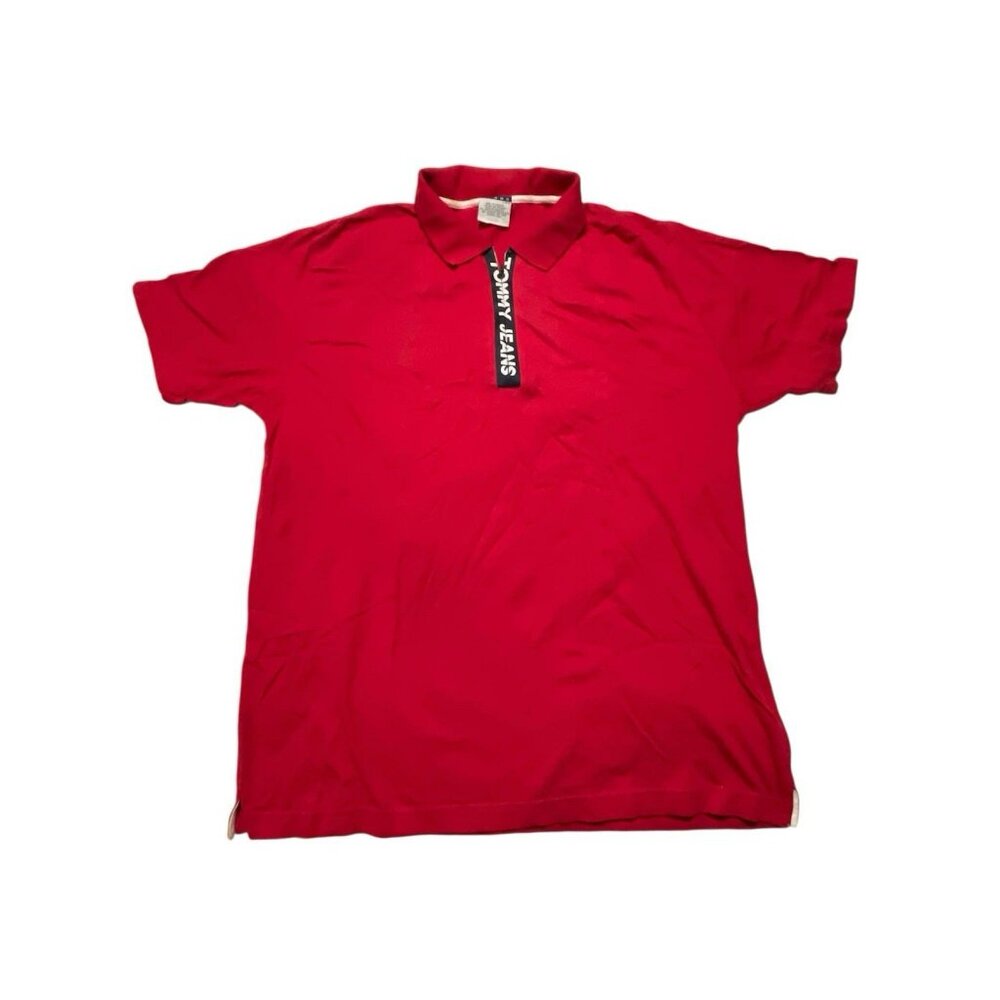 Vintage Tommy Jeans Shirt Mens L Red 1/4 Zip Collar Hilfiger Flag Logo 90s Polo‎